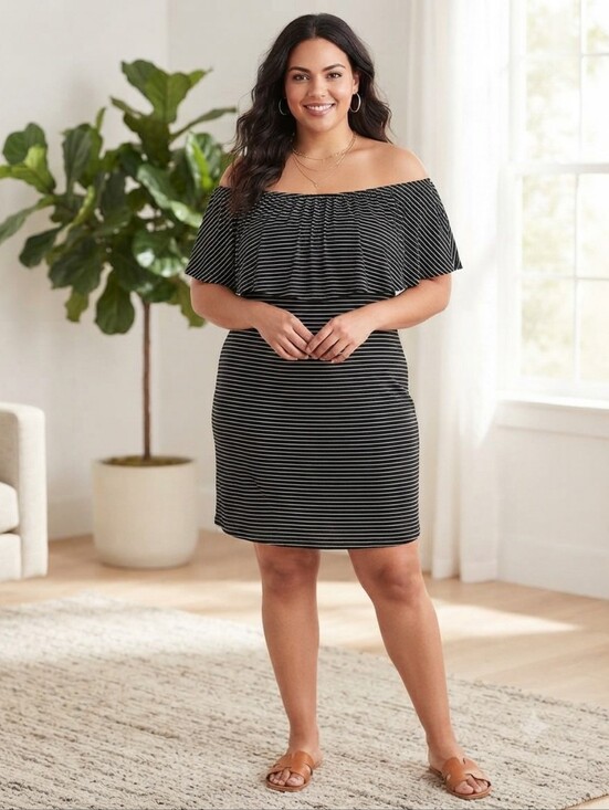 Socialite Tops - Socialite XL Black & White Striped Off-Shoulder Women’s Tunic/Mini Dress